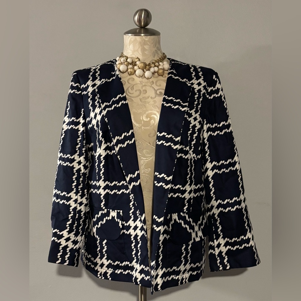 Pendleton 100% Silk Open Front Navy & White Blazer Jacket w/ Pockets Sz 14.  #47